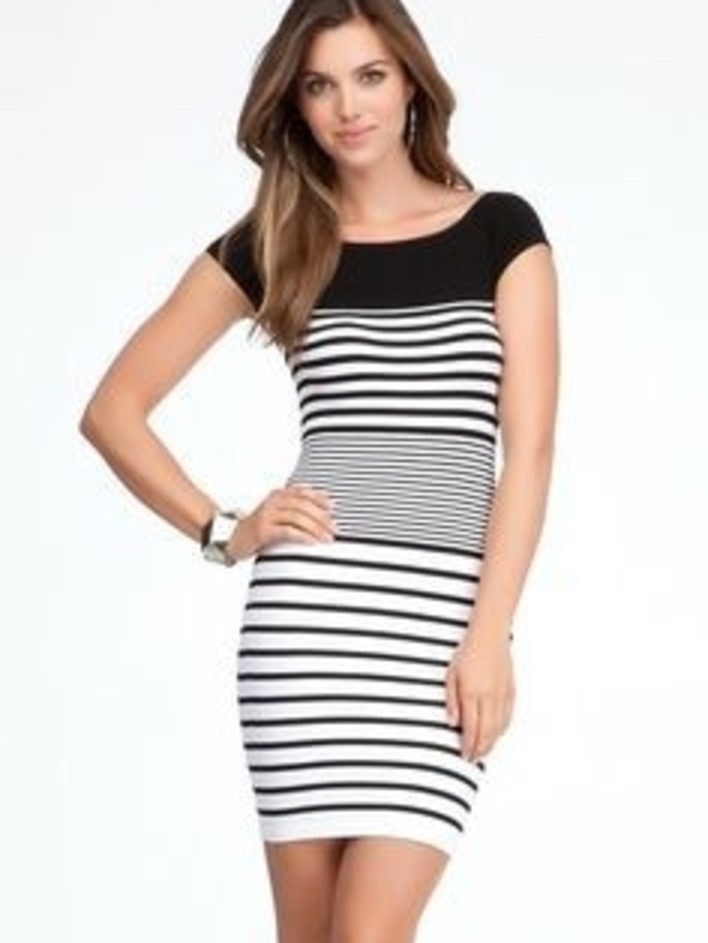 bebe Black and White Striped Short-Sleeve Bodycon Mini Dress
